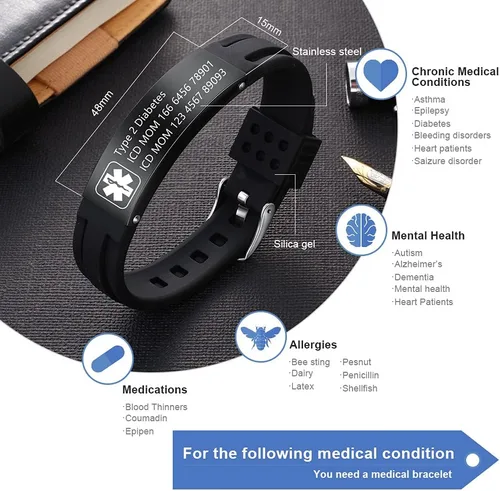 Vista 20 de OPALSTOCK Pulseras médicas personalizadas de silicona ajustable para identificación de emergencias, grabado gratuito, 9 pulgadas, resistente al