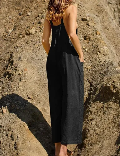 Vista 4 de Kissonic Overol holgado con pechera para mujer, estilo casual, holgado, pierna ancha, con bolsillos