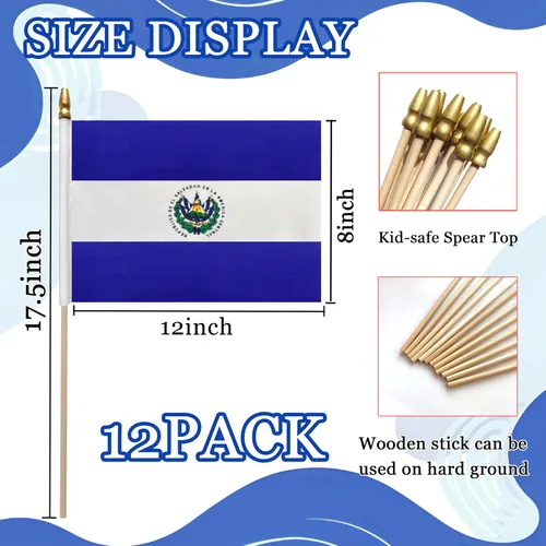 Vista 2 de WEITBF Paquete de 12 banderas de El Salvador de 8 x 12 pulgadas, pequeñas banderas salvadoreñas en palo, mini bandera de mano para decoración al