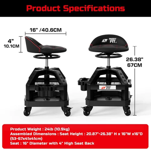 Vista 8 de Rolling Shop Taburete para garaje con ruedas, DO02 - Asiento giratorio de 360° de altura ajustable con almacenamiento de bandeja de herramientas