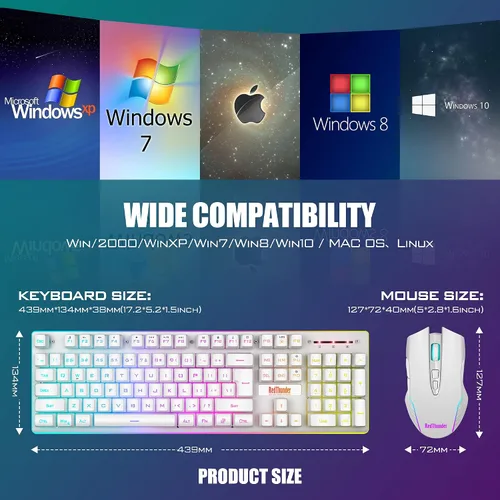Vista 7 de RedThunder Combo de teclado y mouse inalámbricos para juegos K10 batería recargable retroiluminada LED de 3800 mAh teclado mecánico antifantasma
