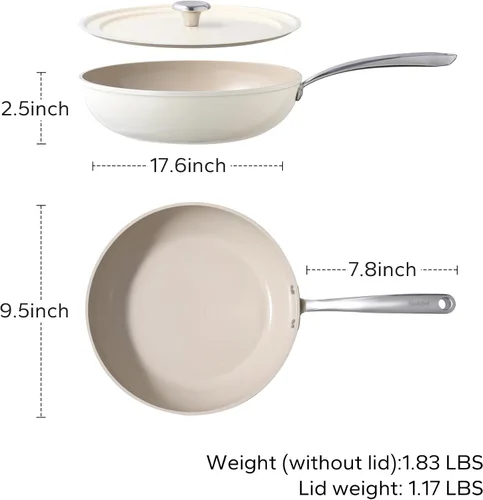 Vista 7 de Sartenes de freír de cerámica Redchef antiadherentes de 9.5", sartén profunda de saltear de 2.4QT con tapa, olla grande jumbo con asa de Beige