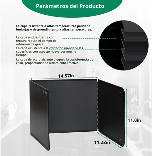 Vista 3 de Grande Protector de 3 Lados contra Salpicaduras para Freír en la Estufa, Protector contra Salpicaduras de Aceite para Cocinar en la Estufa Negro