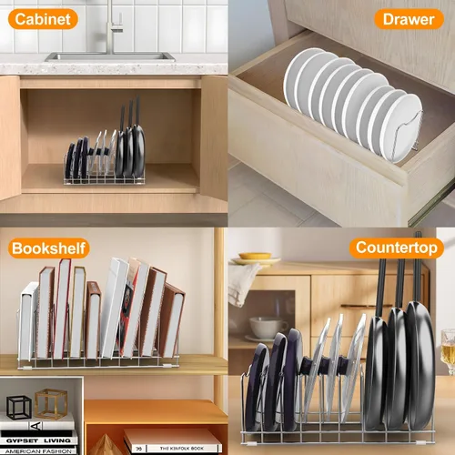 Vista 7 de FLSEPAMB Organizador de tapa para ollas, soporte para tapa de olla de 10 niveles, adecuado para platos de platos, tablas de cortar, ollas