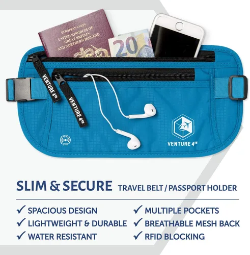 Vista 3 de VENTURE 4TH Cinturón de dinero de viaje, soporte delgado para pasaporte, bolsa de viaje con bloqueo RFID para proteger efectivo, tarjetas de crédito
