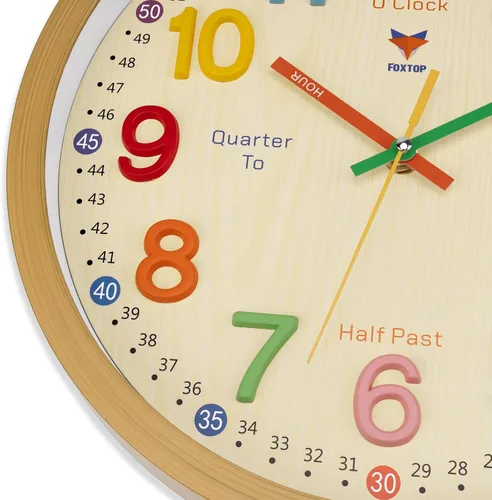 Vista 7 de Foxtop Silent Kids - Reloj de pared de aprendizaje de 12 pulgadas, sin tictac, funciona con pilas, colorido reloj para niños