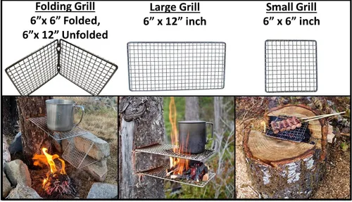 Vista 5 de Parrilla portátil de Bushcraft con rejilla para barbacoa de acero inoxidable, tabla de cortar de bambú, bolsa de arpillera, cuchillo mini, kits