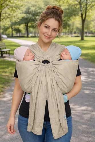 Vista 3 de Portabebés de Anillo Tándem Beige para Gemelos – Portabebés de Mezcla de Lino y Algodón 100% Portabebés Ergonómico para Gemelos para Transporte