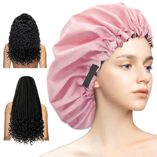 Vista 11 de Aquior Gorro de ducha para mujer, extra ajustable, doble capa, impermeable, reutilizable, gorra de pelo de tamaño grande para todo el cabello