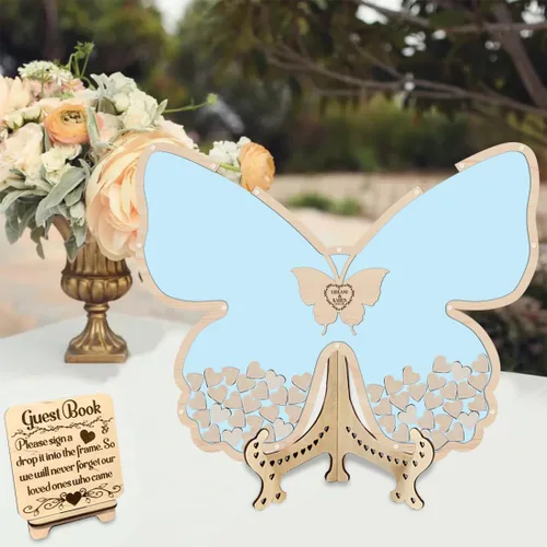 Vista 6 de Libro de invitados de boda de mariposa personalizado con corazones de madera, borde de madera personalizado, ideas alternativas, libro de invitados