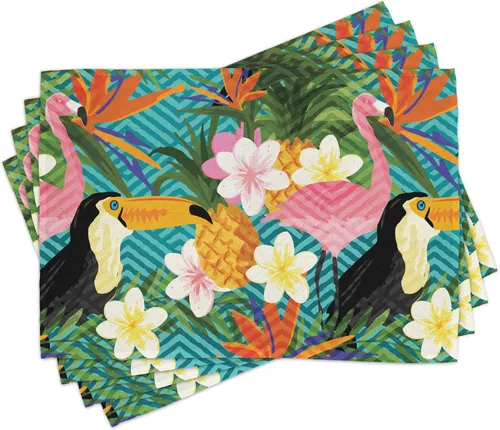 Vista 3 de Lunarable Camino de mesa tropical y manteles individuales, acuarela tucán loro flamenco piñas y flores silvestres sobre rombo, juego para decoración