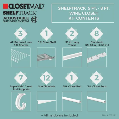 Vista 3 de ClosetMaid ShelfTrack - Sistema organizador de alambre para armario, ajustable de 5 a 8 pies, con estantes, barras de ropa, estante para zapatos