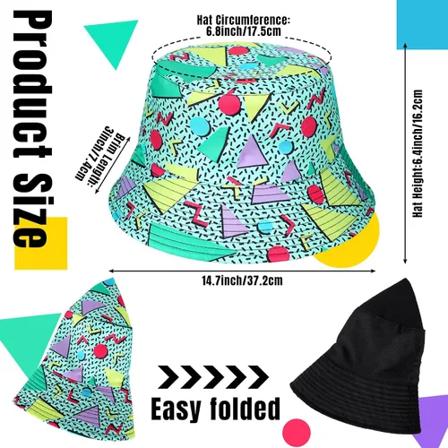 Vista 2 de Juego de 2 sombreros de cubo de los años 80 y 90 para hombres y mujeres, paquete de cintura de neón para fiestas deportivas, como se muestra