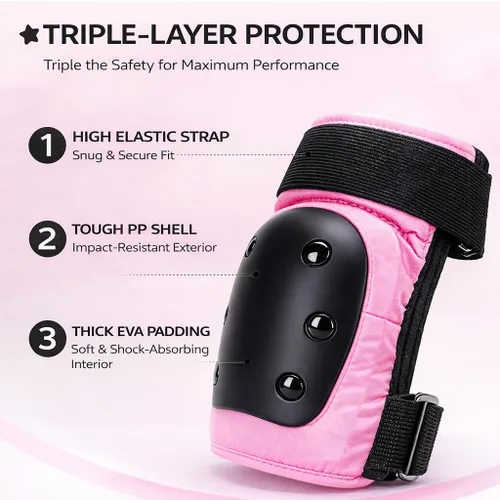 Vista 6 de Knee and Elbow Pads Set for Women & Teens – Pink Skateboarding Protective Gear with Wrist Guards, Adjustable Skate Pads for Roller Skating, Inline