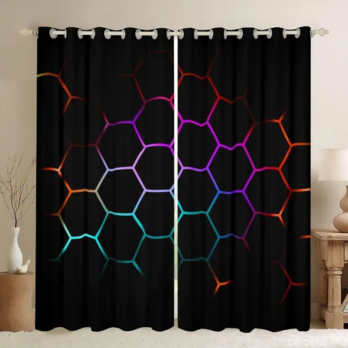 Vista 43 de Feelyou - Cortinas de ventana en forma de panal, tema geométrico hexagonal con luces de neón verdes, para chicos adolescentes y hombres, elegante