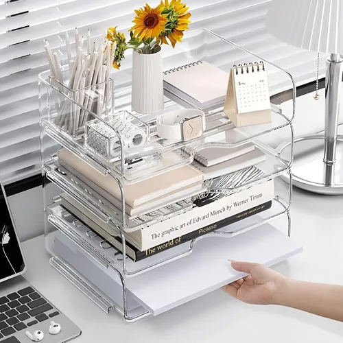 Vista 6 de Organizador de Papel de 4 Niveles para Escritorio, Bandeja de Papel Organizador de Escritorio Apilable, Ideal para Suministros de Oficina