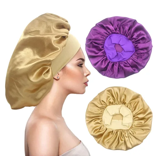 Vista 14 de 2 gorros grandes de seda satinada para dormir, gorros de banda ancha elástica para trenzas de mujeres negras, gorras de seda para dormir nocturnas