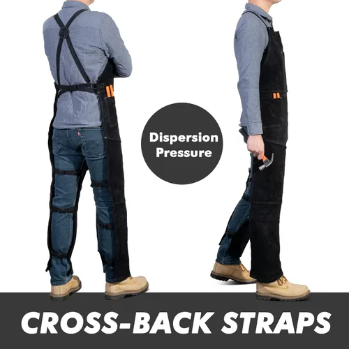 Vista 4 de Delantal de soldadura de cuero con pierna dividida para hombres y mujeres, pantalones de soldadura de cuero de vaca resistente, delantal de forja