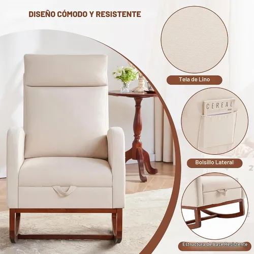 Vista 6 de Silla mecedora para guardería, balancín de respaldo alto con reposapiés, color beige Rocking Chair Nursery with Footrest Storage Pocket