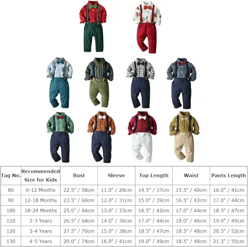 Vista 7 de Traje de Navidad para bebés y niños, camisa con corbatín, mameluco, tirantes, pantalones cortos, para boda, fiesta de cumpleaños, esmoquin, traje