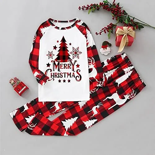 Vista 3 de ANGELGGH Pijamas de Navidad para la familia, conjunto de pijamas a juego, pijamas de Navidad de reno a cuadros rojos para mujeres, hombres y niños