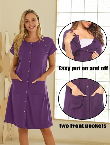 Vista 3 de Ekouaer Vestido de lactancia 3 en 1, camisón de maternidad, parto y lactancia materna con botón