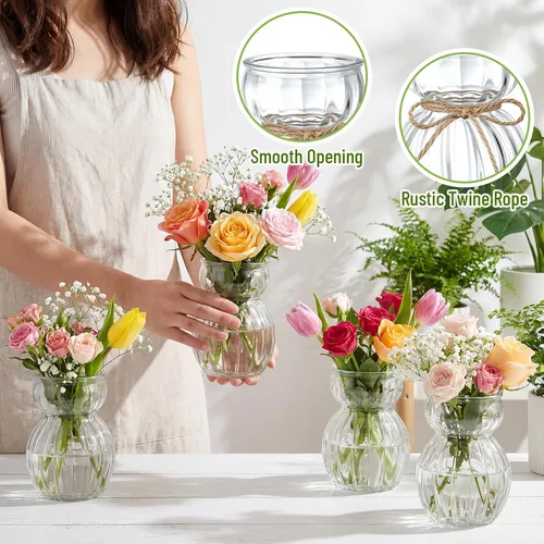 Vista 3 de LemonRoad 4 jarrones de vidrio para flores, jacinto forzado, aguacate, jarrón decorativo transparente con posavasos redondos de bambú para mujeres