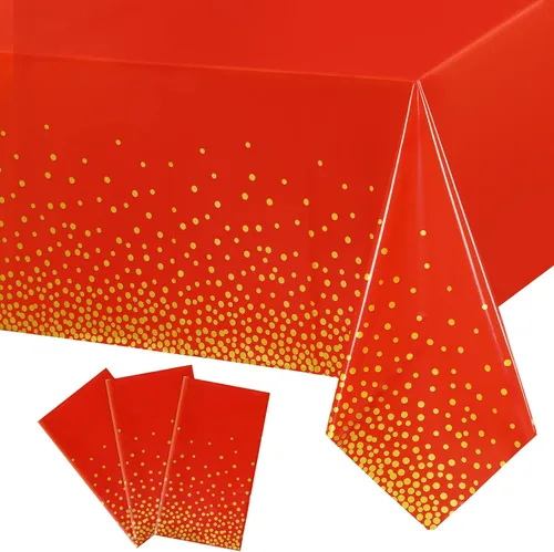 Vista 9 de Mantel desechable de plástico con lunares rojos y negros, 3 Mantel rectangular impermeable de 54 x 108 pulgadas, resistente al aceite