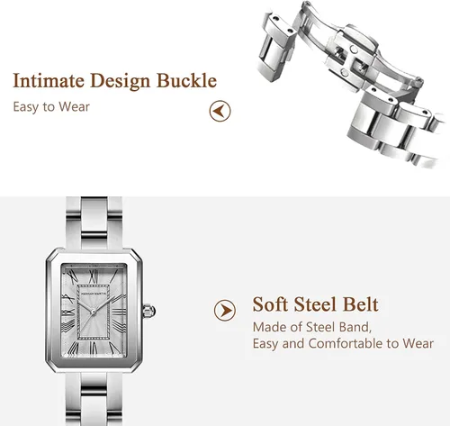 Vista 3 de RORIOS Reloj analógico de cuarzo para mujer, con correa de acero inoxidable, impermeable, retro, cuadrado, reloj elegante para mujer