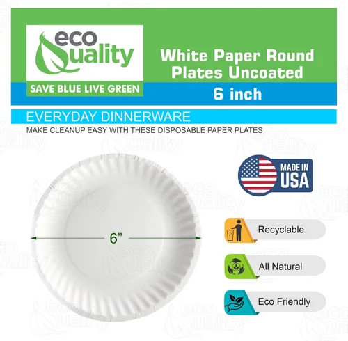 Vista 2 de EcoQuality Platos de papel desechables blancos de 6 pulgadas, sin revestimiento, pequeños, platos de papel blanco desechables para todos los días