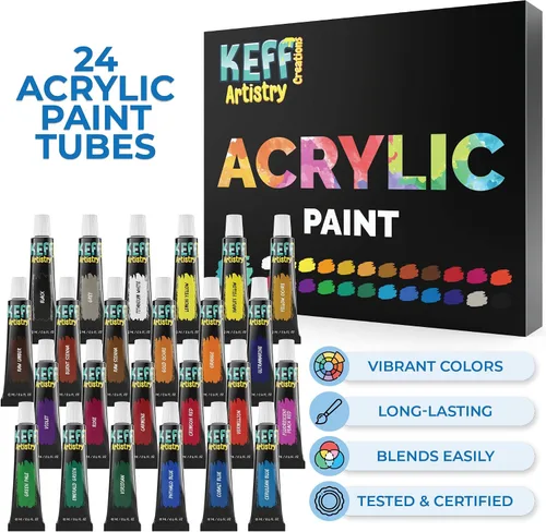 Vista 3 de KEFF Creations - Juego de pinceles de pintura acrílica, kit de 15 pinceles de artista premium, juego de 24 pinturas acrílicas, kit de pinceles