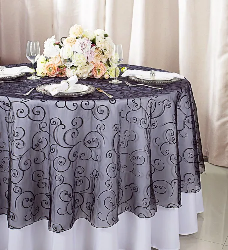 Vista 15 de Manteles de organza bordados redondos de 90 pulgadas, manteles de organza para bodas, fiestas, banquetes, eventos, color verde manzana