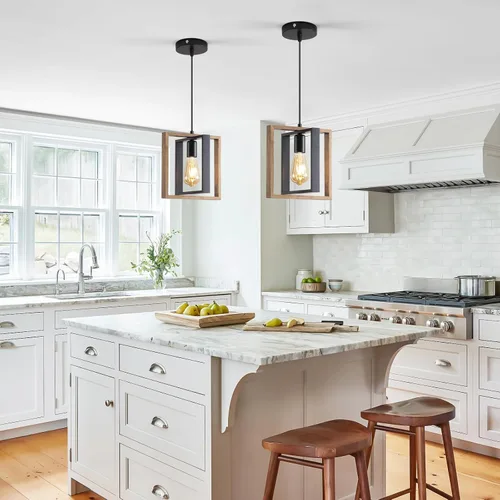 Vista 17 de Lámpara colgante estilo granja, luces colgantes negras para isla de cocina, luz colgante de metal industrial y madera vintage, lámpara de techo