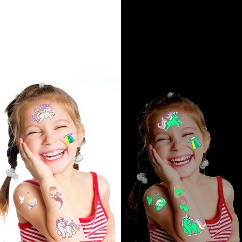 Vista 4 de Partywind - Tatuajes temporales luminosos para niños, impermeables, falsos tatuajes con unicornio dinosaurio sirena pirata construcción tema