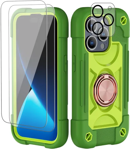 Vista 69 de Funda para iPhone 11 de 6.1 pulgadas con soporte de anillo, con 2 protectores de pantalla de vidrio, resistente a los golpes, resistente a