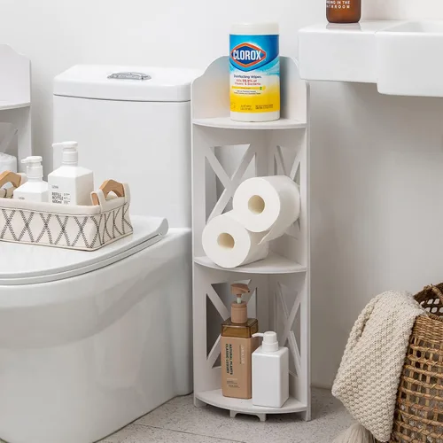 Vista 8 de TuoxinEM - Mesa de esquina perfecta para espacios pequeños, estante de baño de esquina ideal para almacenamiento de papel higiénico, color negro