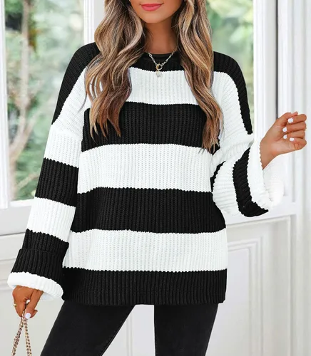 Vista 34 de ZESICA Suéter tejido sin botones de manga larga y cuello redondo, a rayas, bloques de color, cómodo, holgado, talla extragrande para mujer de 2024
