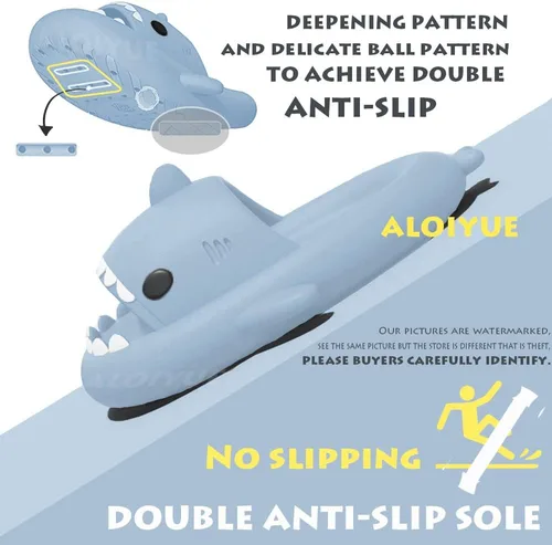 Vista 5 de Sandalias de tiburón para verano, lindas pantuflas de tiburón de dibujos animados para mujeres y hombres, antideslizantes, puntera abierta, suela
