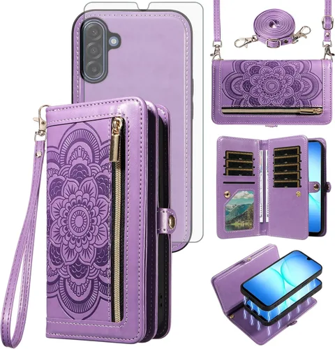 Vista 10 de Asuwish Funda de teléfono para Samsung Galaxy A17 5G con cremallera, funda de celular desmontable con protector de pantalla de vidrio templado Verde