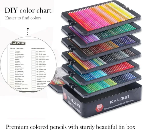 Vista 7 de KALOUR Juego de 180 lápices de colores para adultos y artistas - Núcleo blando de pigmento rico - 12 lápices metálicos - Ideal para colorear