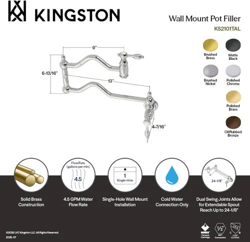 Vista 6 de Kingston KS2100TAL Tudor - Grifo de llenado de ollas para montaje en pared, color negro mate Mate negro