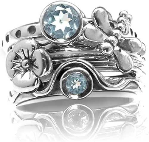 Vista 8 de Silvershake Juego de 4 anillos apilables de plata de ley 925 chapados en oro amarillo con piedras preciosas de forma redonda, con acabado antiguo