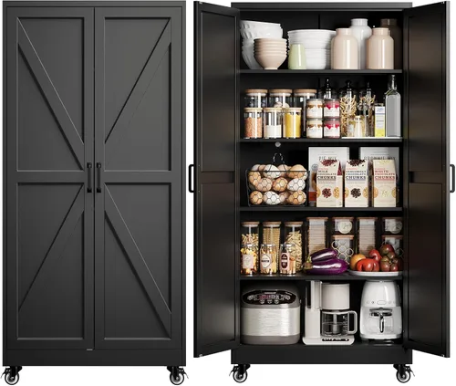 Vista 10 de Yizosh Small Metal Garage Storage Cabinet,Kitchen Pantry Storage Cabinet Negro