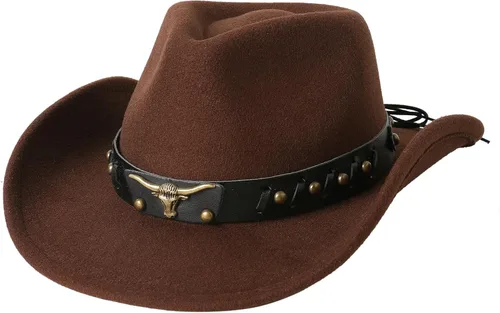 Vista 2 de Jastore Sombrero de vaquero occidental para niños y niñas, clásico vaquero con cinturón de hebilla