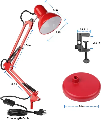 Vista 6 de Lámpara de escritorio de metal AmeriTop, lámpara de mesa de brazo oscilante ajustable con base intercambiable o abrazadera; lámparas