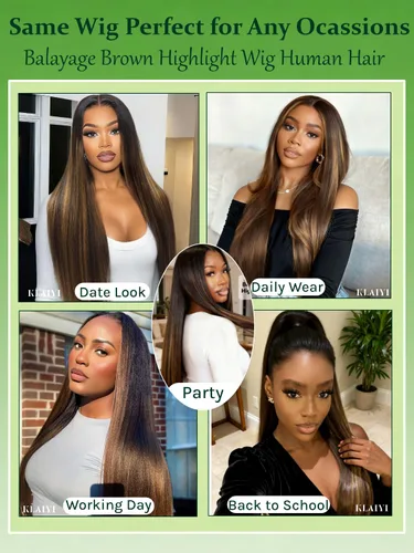 Vista 6 de KLAIYI Pre Everything™ Yaki - Pelucas de cabello humano lacio Yaki sin pegamento con reflejos degradados, color marrón balayage, encaje frontal
