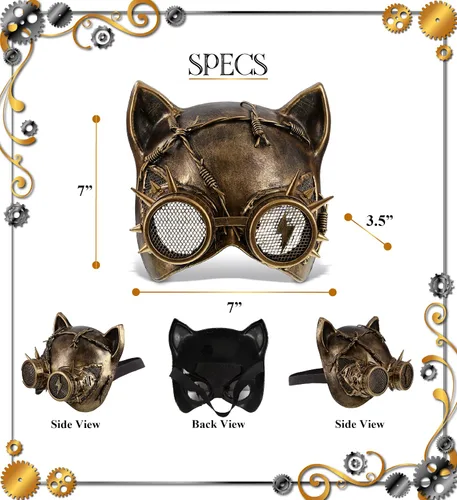 Vista 2 de Disfraz de máscara metálica de gato Steampunk con gafas