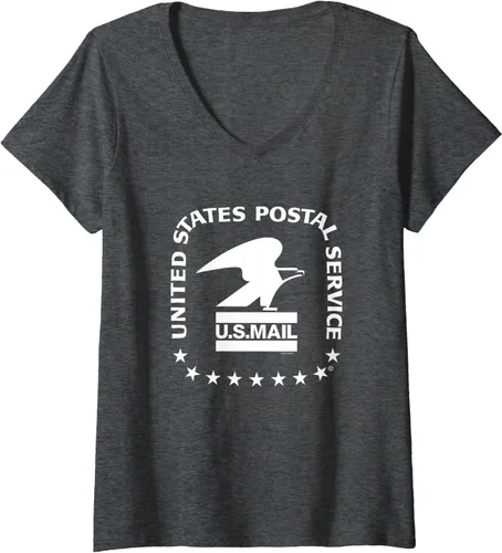 Vista 5 de Camiseta con cuello en V para mujer USPS - US Air Mail Seal, Gris Negro