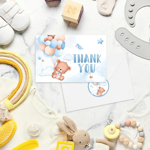 Vista 3 de AnyDesign Tarjetas de agradecimiento de oso para baby shower, paquete de 30 tarjetas de felicitación con globos de oso azul de dibujos animados