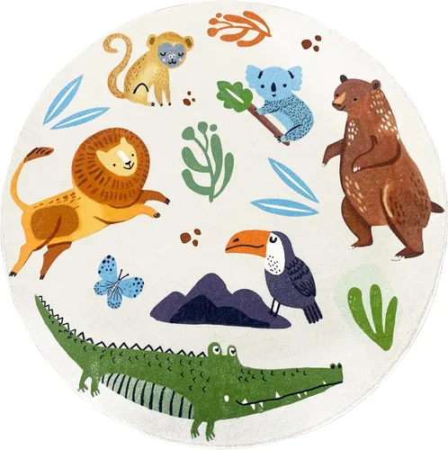 Vista 5 de Alfombra de juego para niños, alfombra circular de animales de 4 pies, alfombra redonda de zoológico para dormitorio, para niños y niñas, decoración